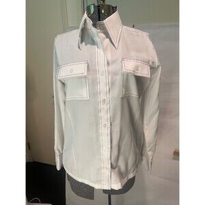 Vintage Women's BIG COLLAR  White Poly Flap Pocket Retro Mod Shirt S Free Ship